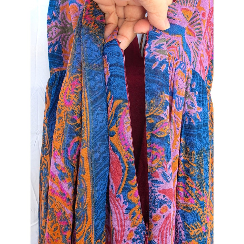 Free People Red Blue Paisley Boho Maxi Dress Size 4 Tassel Tie Back Strappy - Picture 11 of 11
